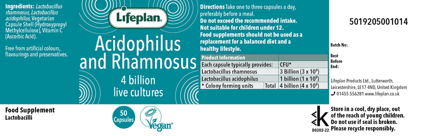 Lifeplan Acidophilus and Rhamnosus supplement label with text and branding.