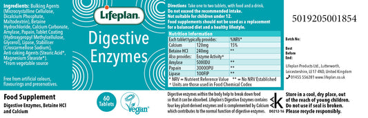 Lifeplan Digestive Enzymes supplement packaging with ingredient list and directions.