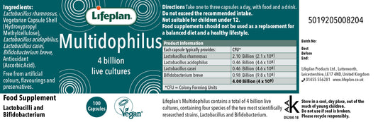 Lifeplan Multidophilus supplement label with ingredients and directions.
