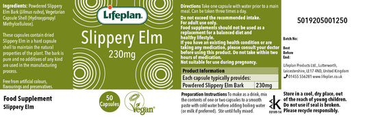 Lifeplan Slippery Elm supplement label with text and branding.
