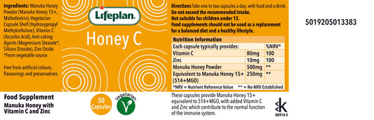 Lifeplan Honey C supplement packaging with ingredients and directions.