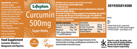 Lifeplan Curcumin 500mg supplement label with ingredients and nutritional information.