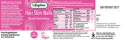 Lifeplan Hair Skin Nails supplement label with pink background and white text.