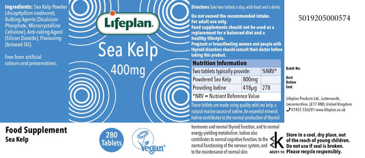Lifeplan Sea Kelp supplement packaging with blue and white design