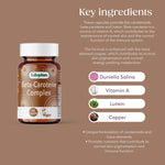 Lifeplan Beta-Carotene Complex supplement bottle with key ingredients listed on a brown background