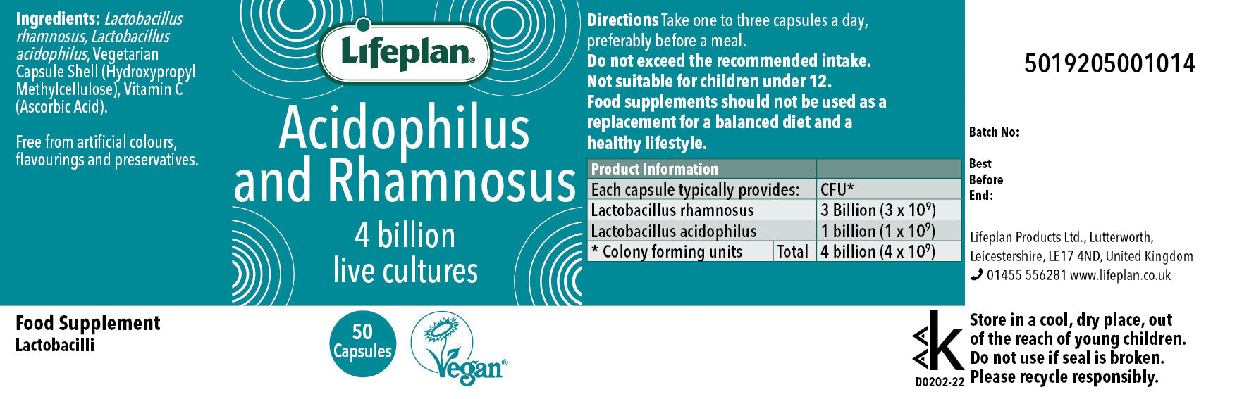 Lifeplan Acidophilus and Rhamnosus supplement label with text and branding.