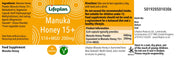 Lifeplan Manuka Honey 15+ supplement packaging with label details.