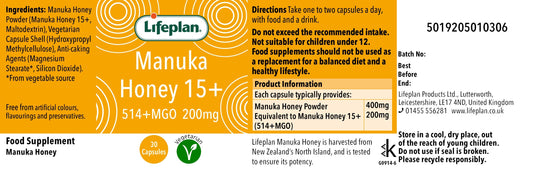 Lifeplan Manuka Honey 15+ supplement packaging with label details.