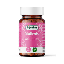 Amber jar of Lifeplan Multivits with Iron vegetarian tablets, 90 count, white lid, pink label